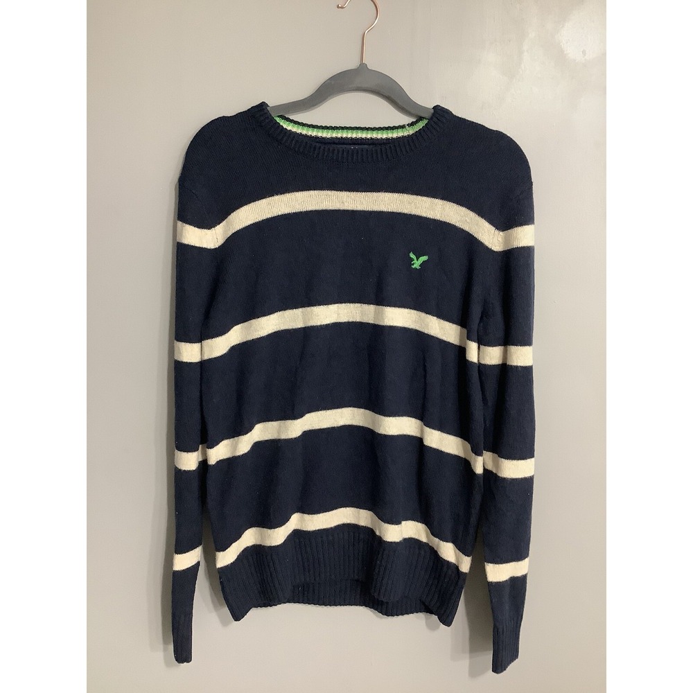 American Eagle Sweater Mens‎ Size Med. Athletic Fit Crew Neck Striped Wool Blend